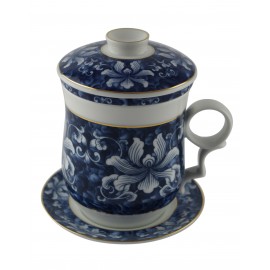Mug à thé en porcelaine avec couvercle et infuseur 310 ml décoré d'orchidées, le set est composé de 4 pièces