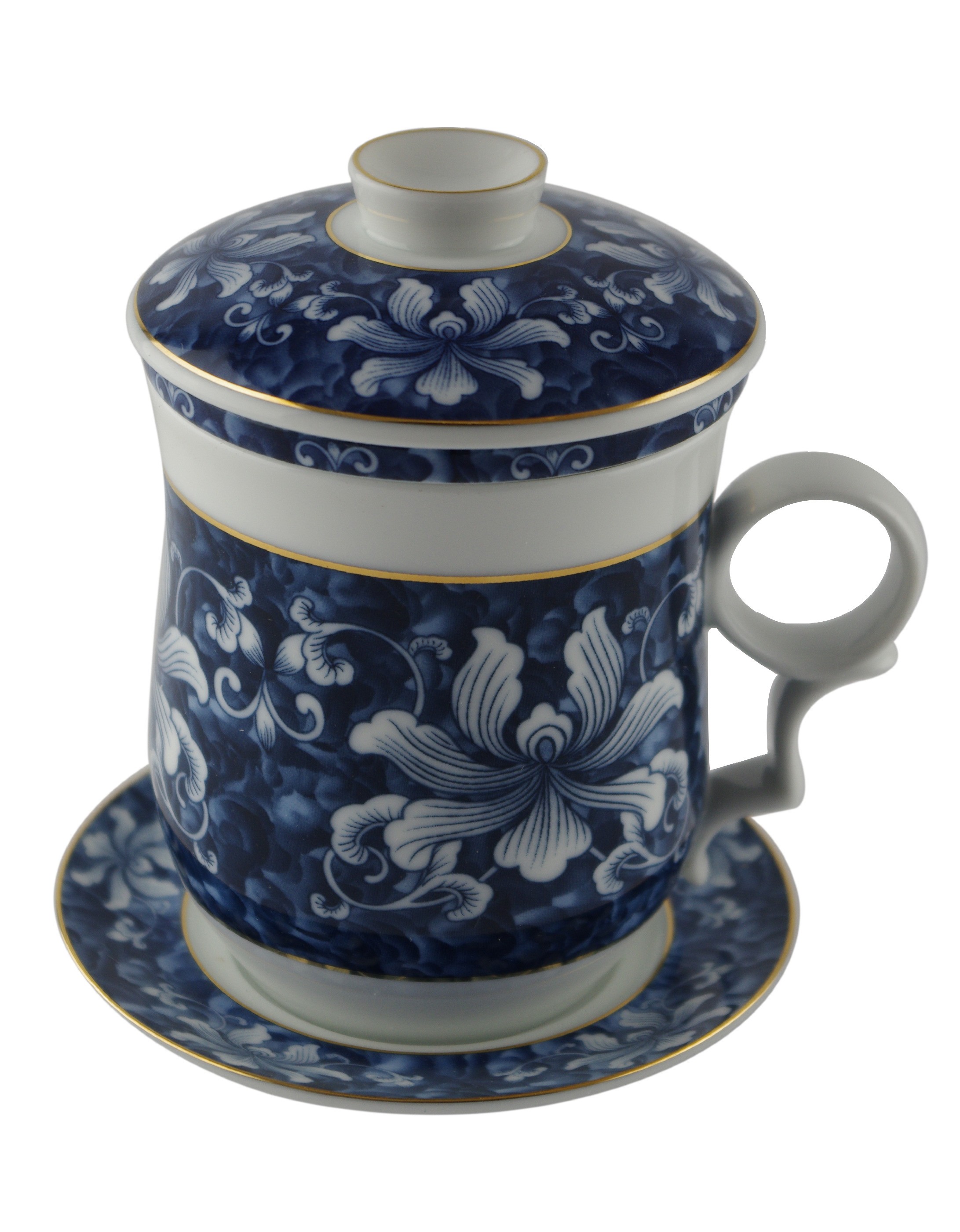 Mug à thé en porcelaine avec couvercle et infuseur 310 ml décoré d'orchidées